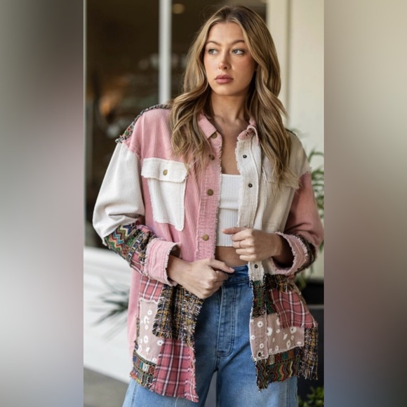 Blue Velvet Jackets & Blazers - V1. ❤️NEW Pink Corduroy Patchwork Shacket/Jacket Blue Velvet New Item LAST ONE